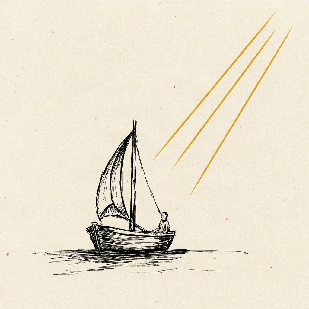 A small boat with sail set, steered by an unseen hand resting lightly on the tiller, heading toward an open horizon.