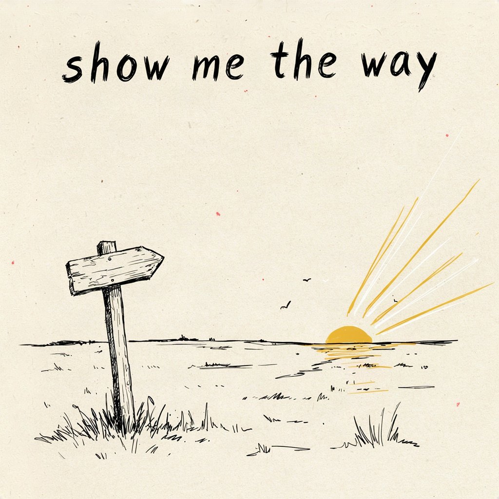 A single signpost in an open field at sunrise, its arrow pointing toward the light, suggesting guidance sought at the start of the day, with the words “show me the way” lettered by hand.