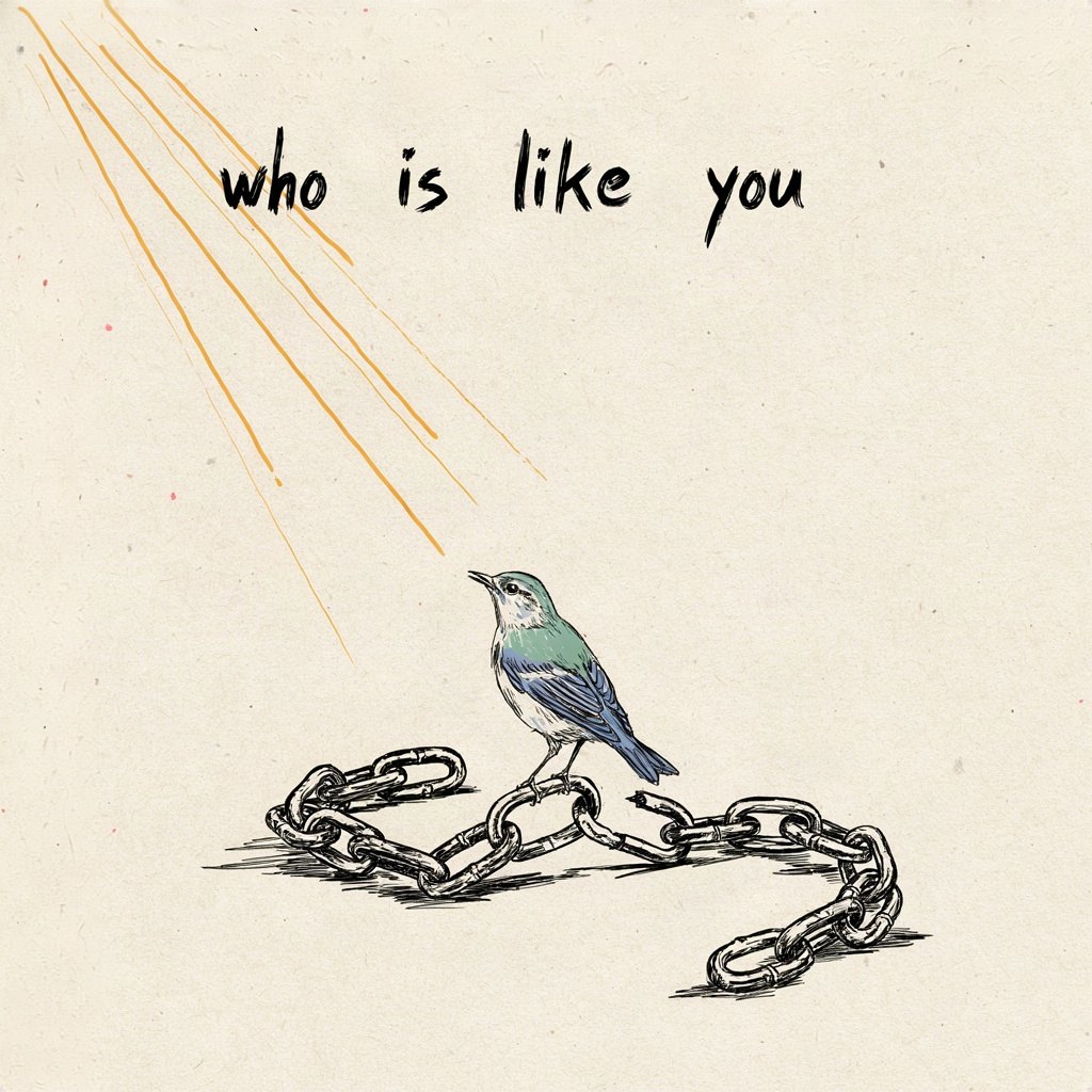 A broken chain lying open on the ground with a small bird perched on one of its links, singing, showing captivity turned to freedom and praise, with the words “who is like you” lettered by hand.