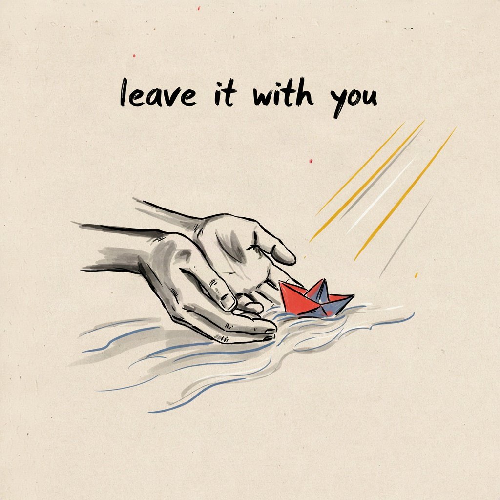 A small paper boat let go into a stream, open hands just releasing it from the bank as it drifts off on its own toward unseen water, with the words “leave it with you” lettered by hand.