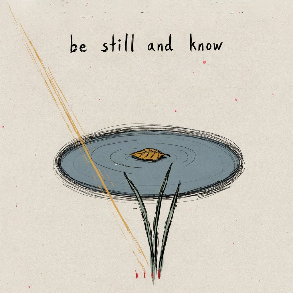 A pond's surface finally going glassy-still after ripples fade, one leaf resting motionless on top, with the words “be still and know” lettered by hand.