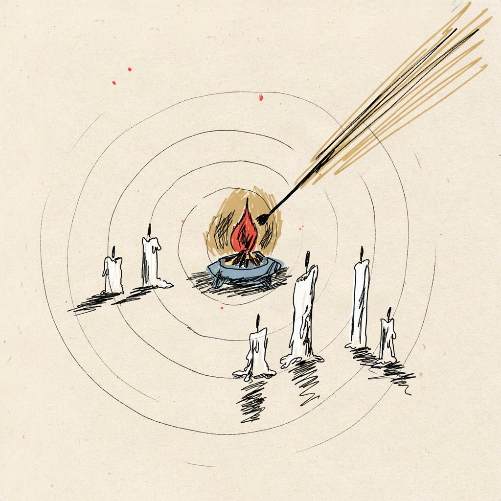 A small hearth with one flame being lit at dawn, the light spreading outward in soft rings to touch tiny unlit candles waiting all around it.