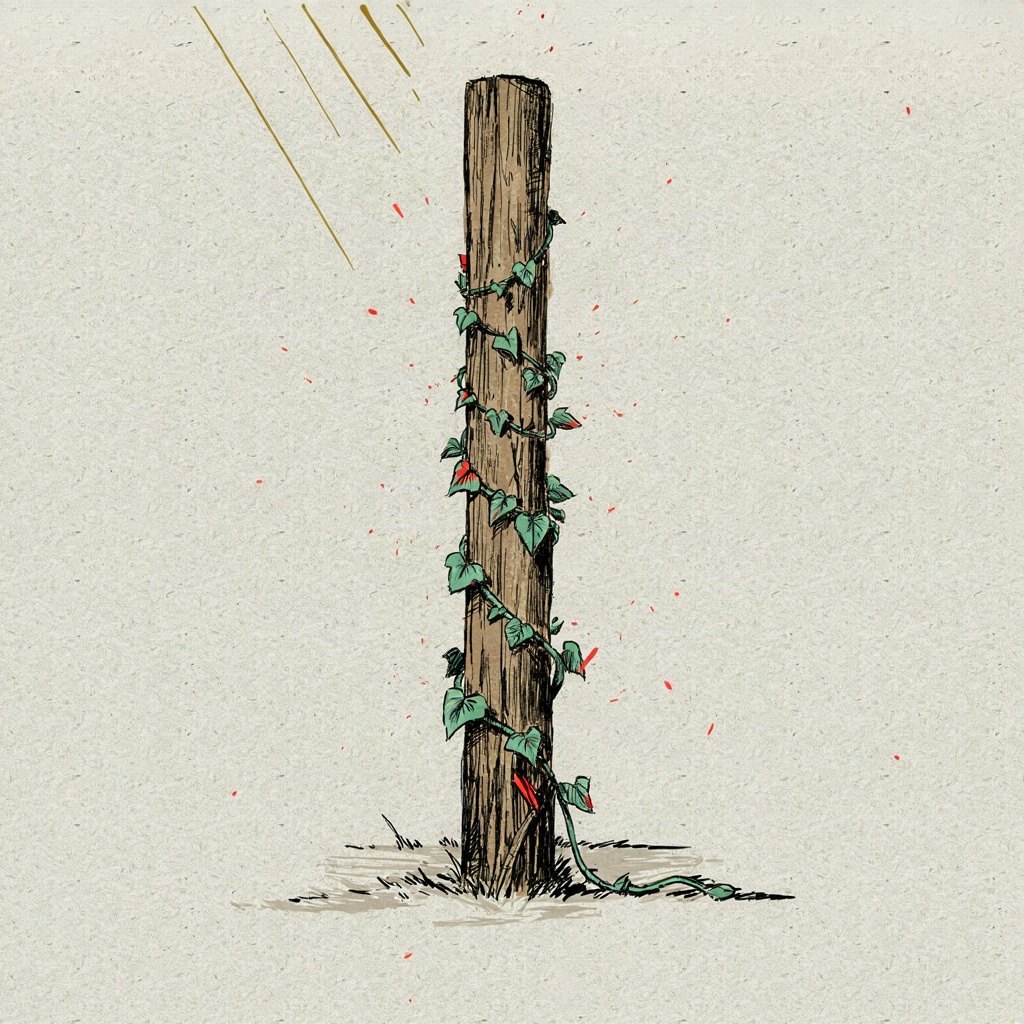 A small ivy vine wrapped firmly around a tall wooden post, holding steady even as wind bends its leaves sideways.