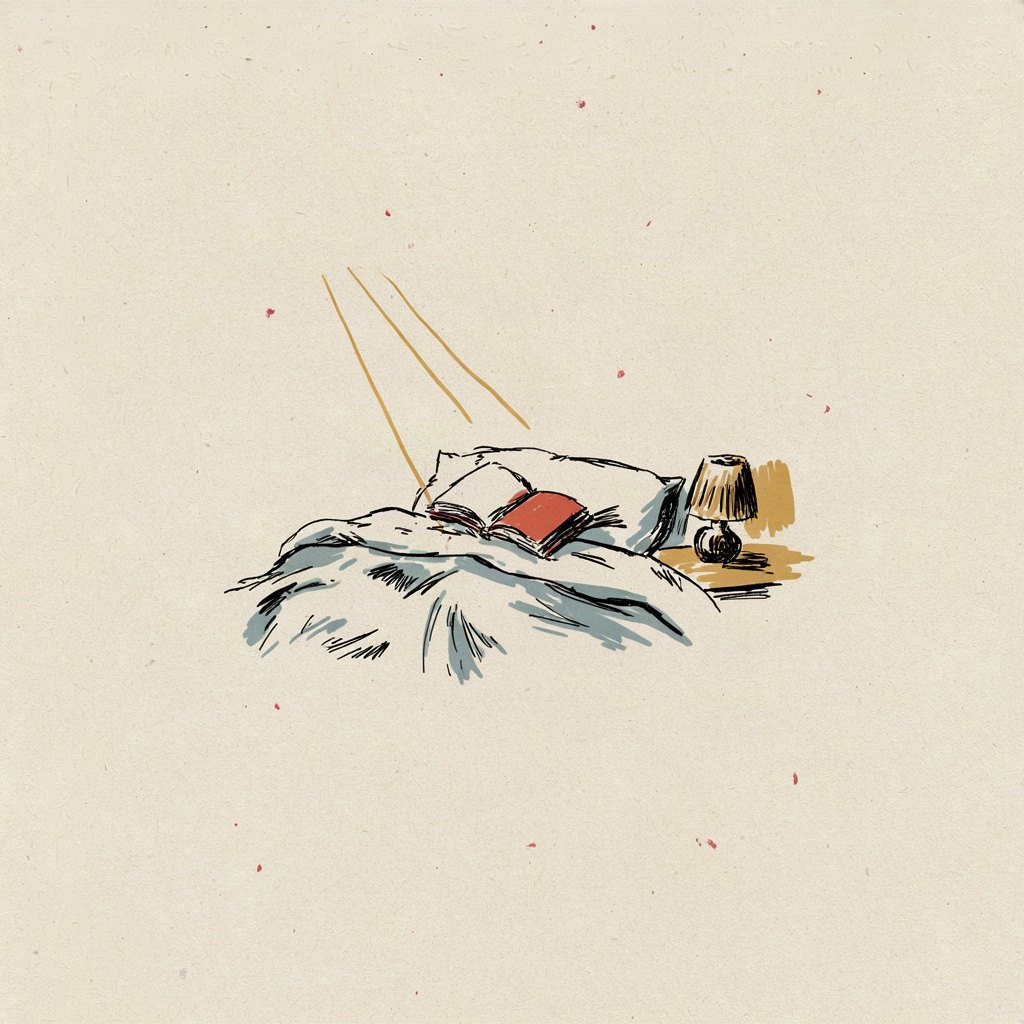 A small bed is tucked into a quiet nook with the blanket turned down, a single open book resting on the pillow where a head would rest, suggesting rest found in words rather than sleep itself.