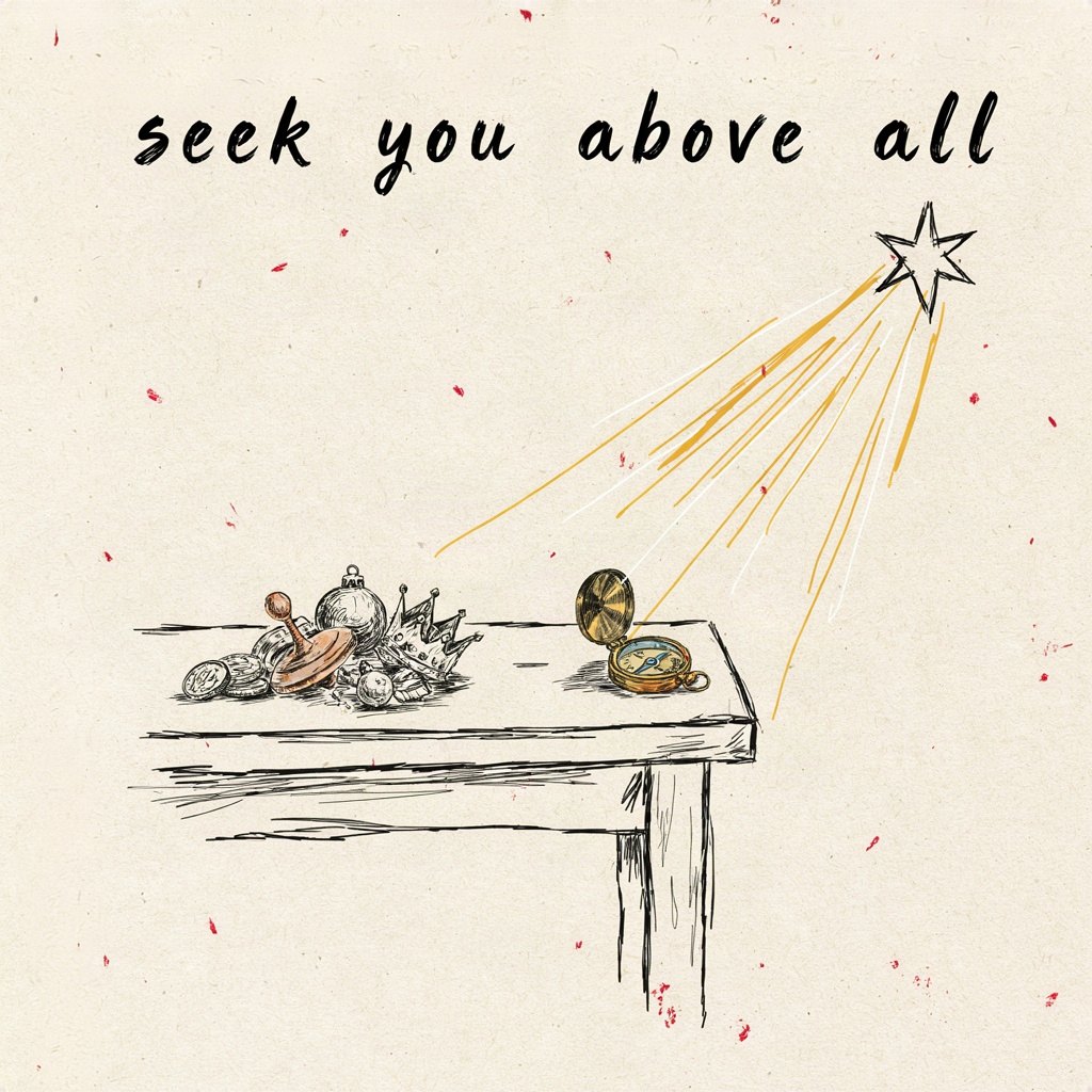 A compass or scale sits on a table with many small trinkets (coins, toys, baubles) piled on one side, but the needle ignores them all and points steadily toward a single plain star drawn above, with the words “seek you above all” lettered by hand.