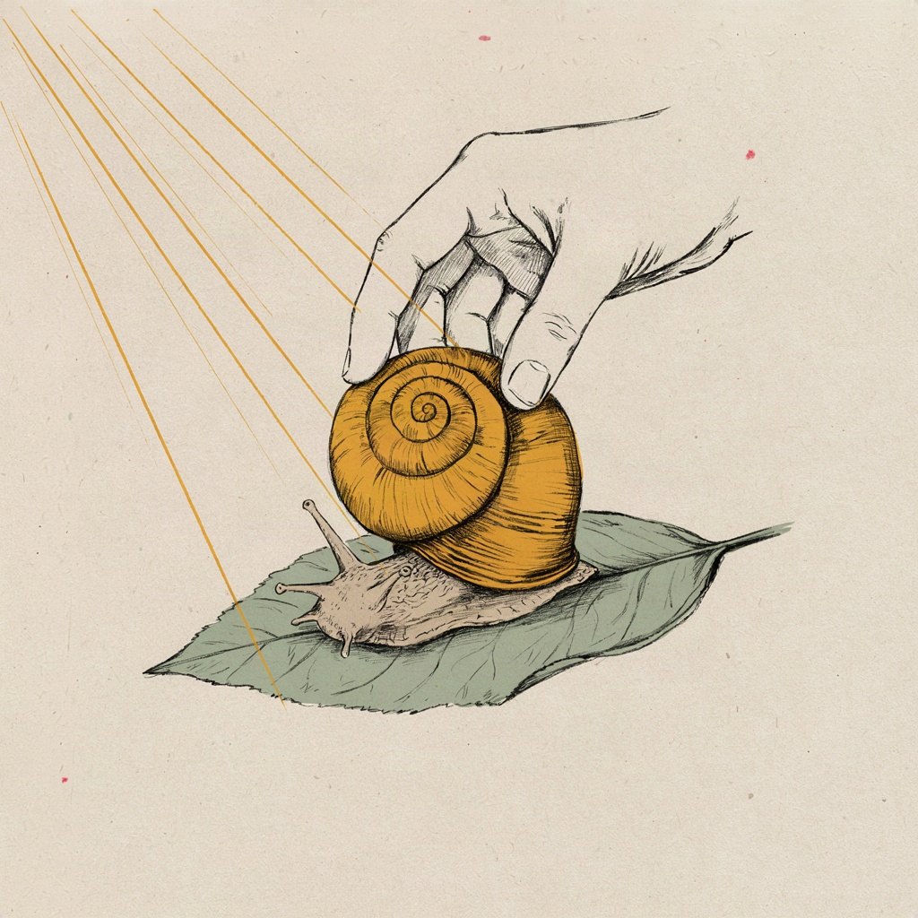 A small snail with a soft vulnerable body is shown being gently fitted into a sturdy little shell offered by an unseen hand, armour given rather than earned.