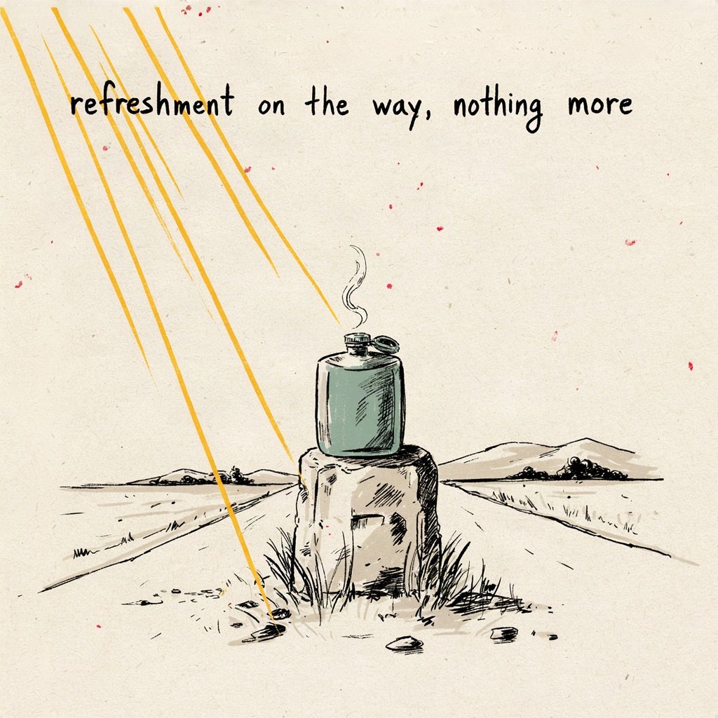 A traveler's water flask set down briefly on a milestone marker along a long road, cap off, steam rising, but the road stretches on ahead unfinished, with the words “refreshment on the way, nothing more” lettered by hand.