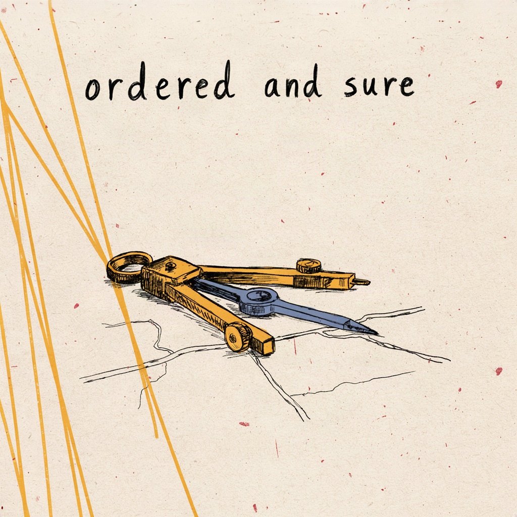 A compass with a steady needle resting on a map of unknown, unmarked roads, pointing true despite no paths drawn, with the words “ordered and sure” lettered by hand.