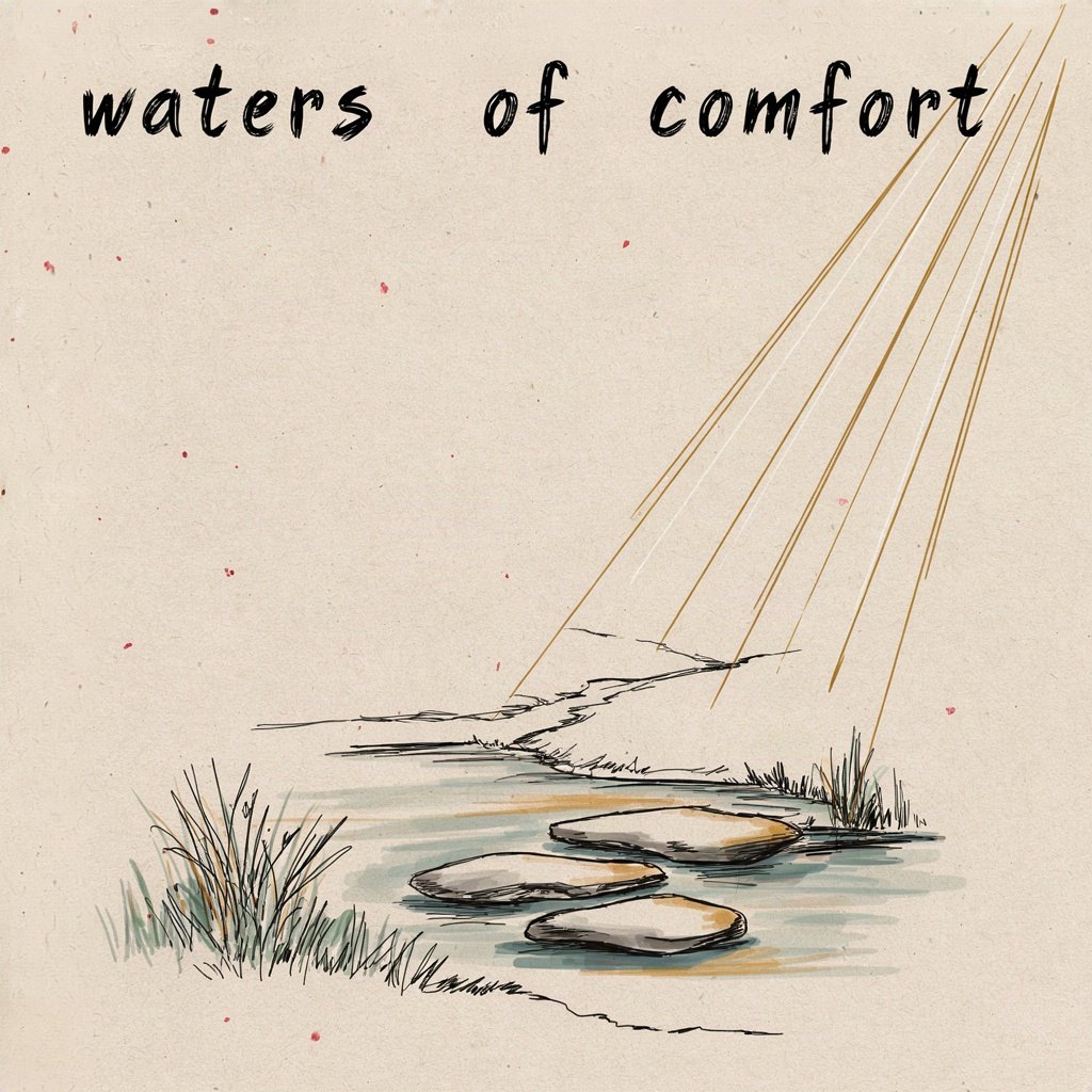 A single still pool of water beside a winding path, with a few smooth stepping stones leading toward the far shore where the path continues, with the words “waters of comfort” lettered by hand.