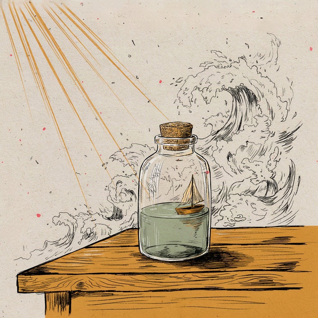 A small boat sits calm and still inside a glass bottle, while outside the bottle a painted sea rages with tall waves, showing a quiet heart kept steady despite the tide of greed around it.