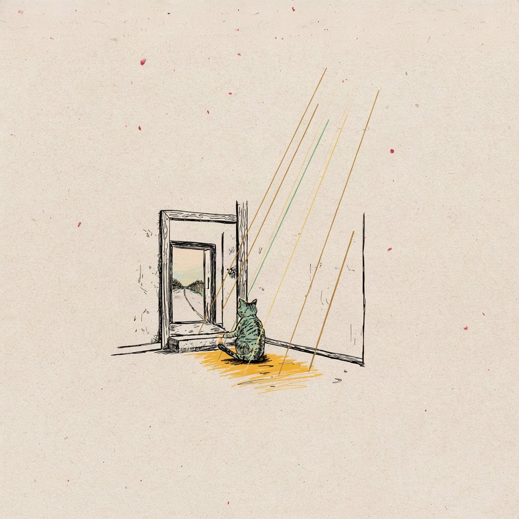 A doorway at dawn with a cat pausing on the threshold, one paw out and one paw in, watching the road ahead before stepping fully out.