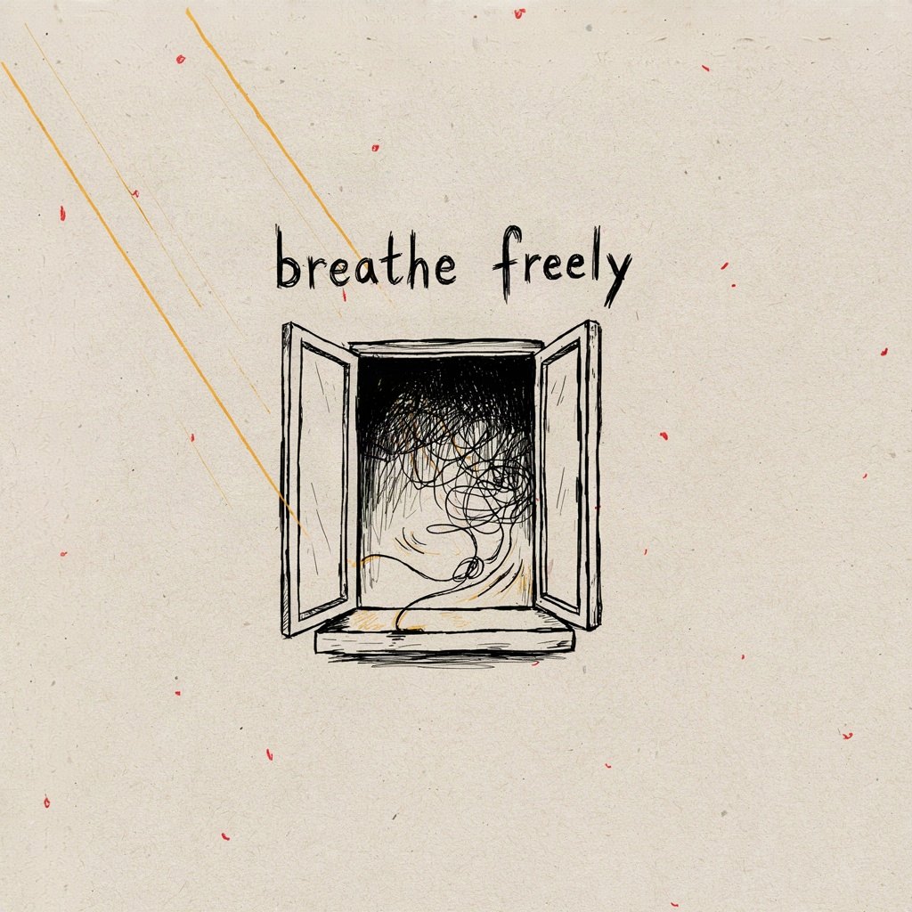A small window is thrown wide open on a stuffy room full of tangled thread-like scribbles, with one clear calm breeze drawn blowing in and loosening the knots nearest the sill, with the words “breathe freely” lettered by hand.
