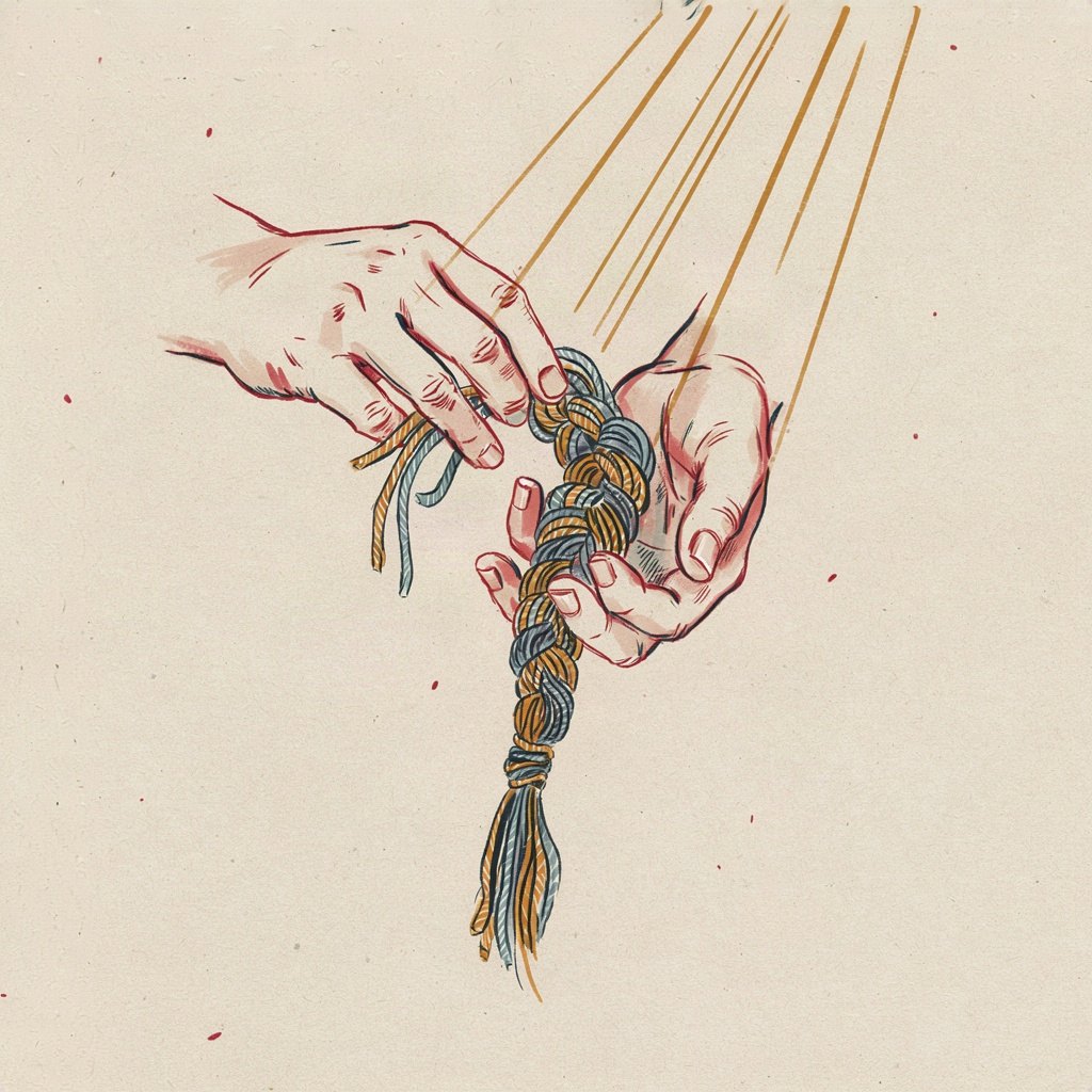 Many different threads—family, friendship, faith—are shown being gently woven together into one single braid by a pair of hands.