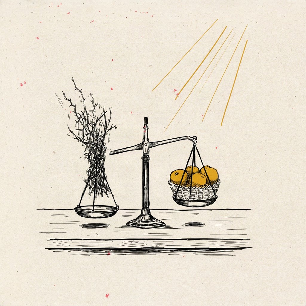 A garden scale balanced perfectly, one side holding a tangle of thorns and weeds being lifted away, the other side receiving a basket of ripe fruit settling gently down.
