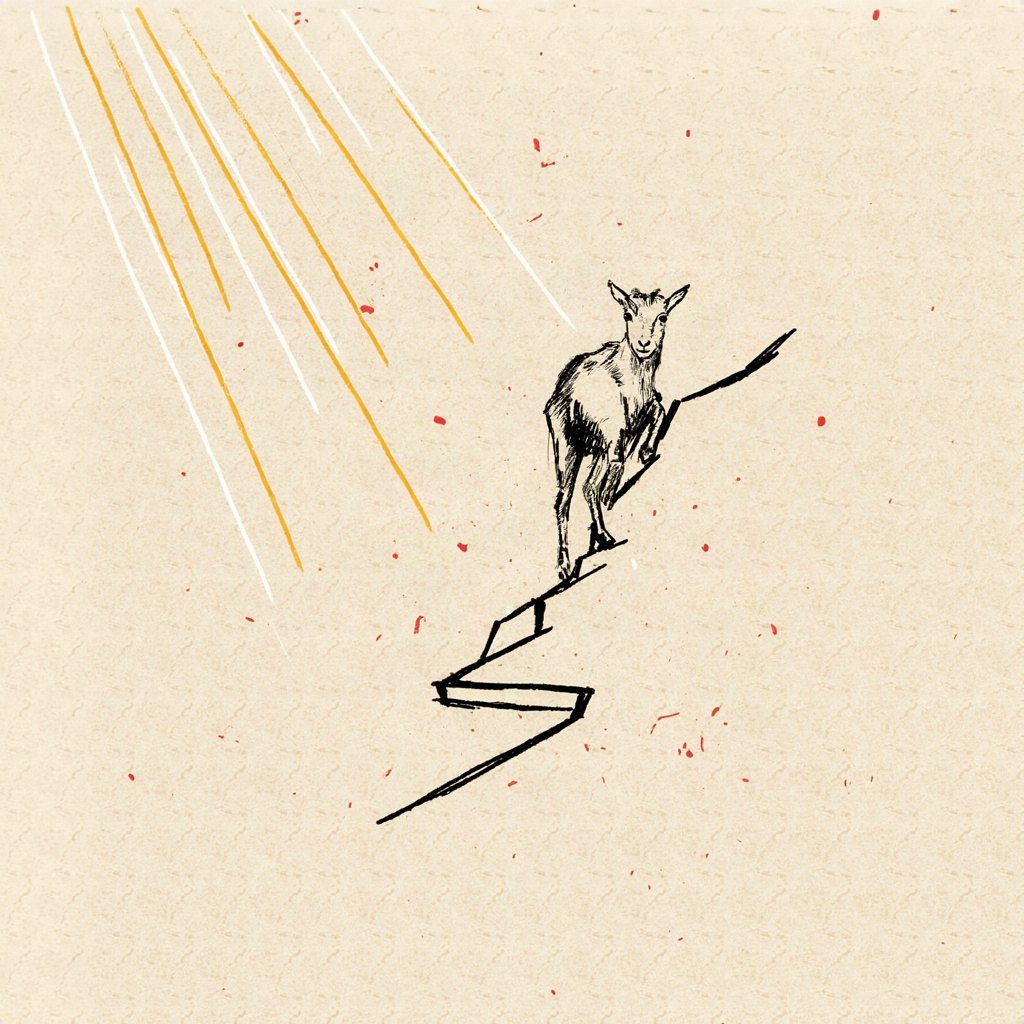 A mountain goat climbing a steep zigzag path with sure footing, small and unbothered by the incline.