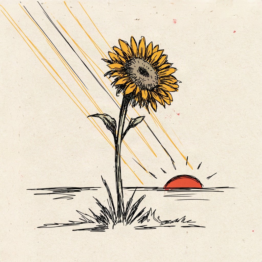 A sunflower drawn mid-turn, its face tilted toward a rising sun just cresting the horizon, showing the heart turning toward the light of God's face at the start of the day.