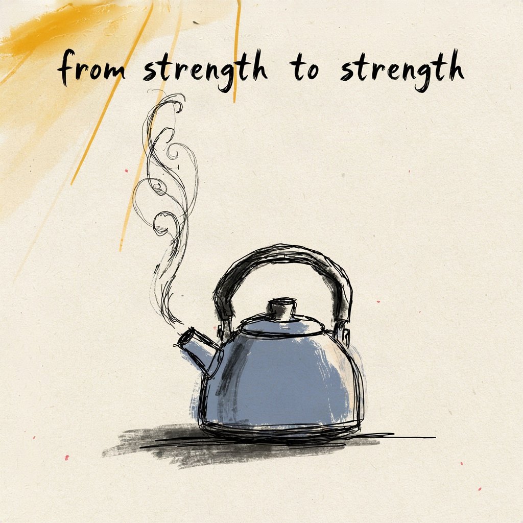 A small kettle on a stovetop builds from a thin wisp to a strong steady plume of steam, showing strength rising as the morning goes on, with the words “from strength to strength” lettered by hand.