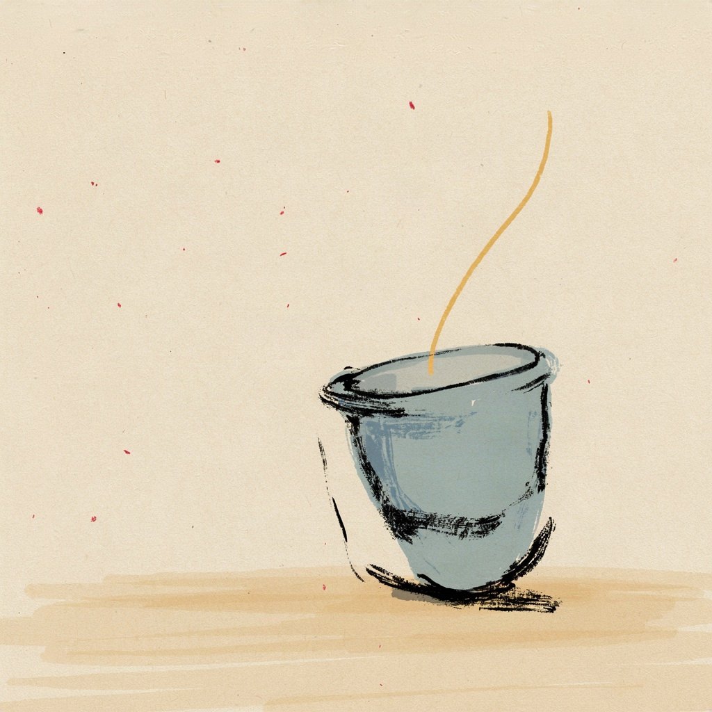A simple clay cup sitting open on a table, tipped slightly as if ready to receive, with a single pouring stream of light arcing into it from above the frame edge.