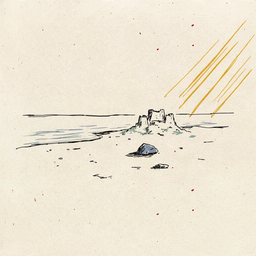 A sandcastle on the shore is being gently washed away by the tide while a single small stone further up the beach, out of reach of the water, stands untouched and solid.