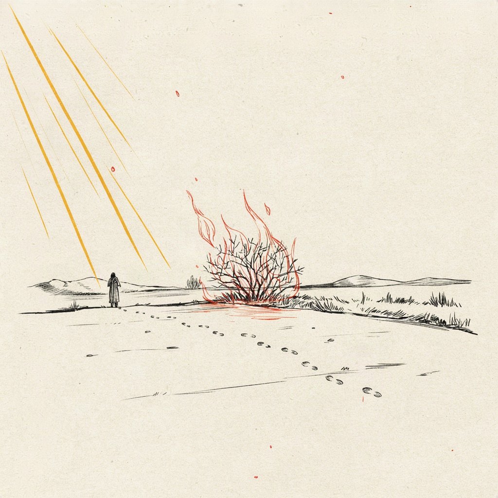 A small thornbush by a roadside is ablaze with gentle flame, unnoticed by tiny footprints that walk right past it.