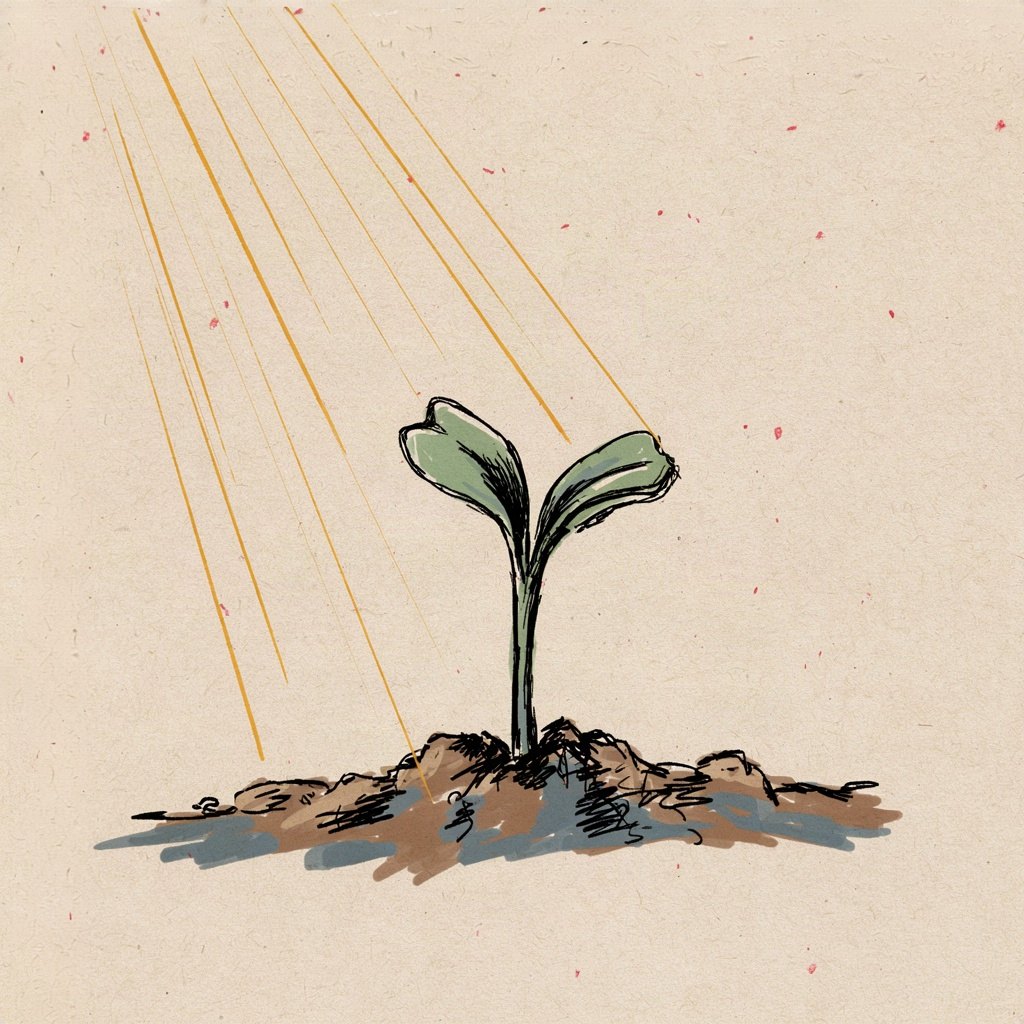 A single green seedling pushing up through tilled soil, its two tiny leaves unfurling while the sun's rays reach down to shape it like a gentle hand sculpting clay.