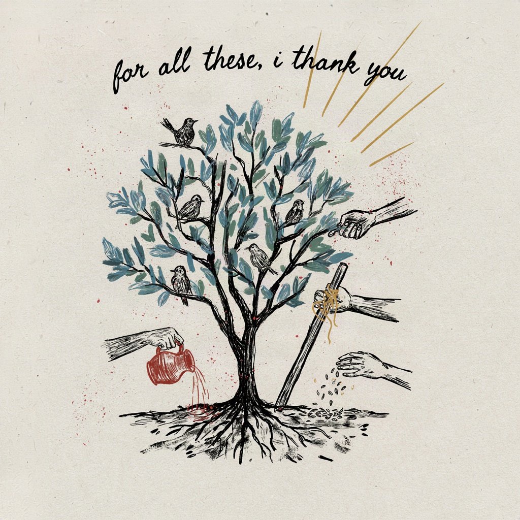 A single old tree with many different hands reaching in from outside the frame to water its roots and prop up its branches, showing a lifetime of help received from many unseen sources, with the words “for all these, i thank you” lettered by hand.