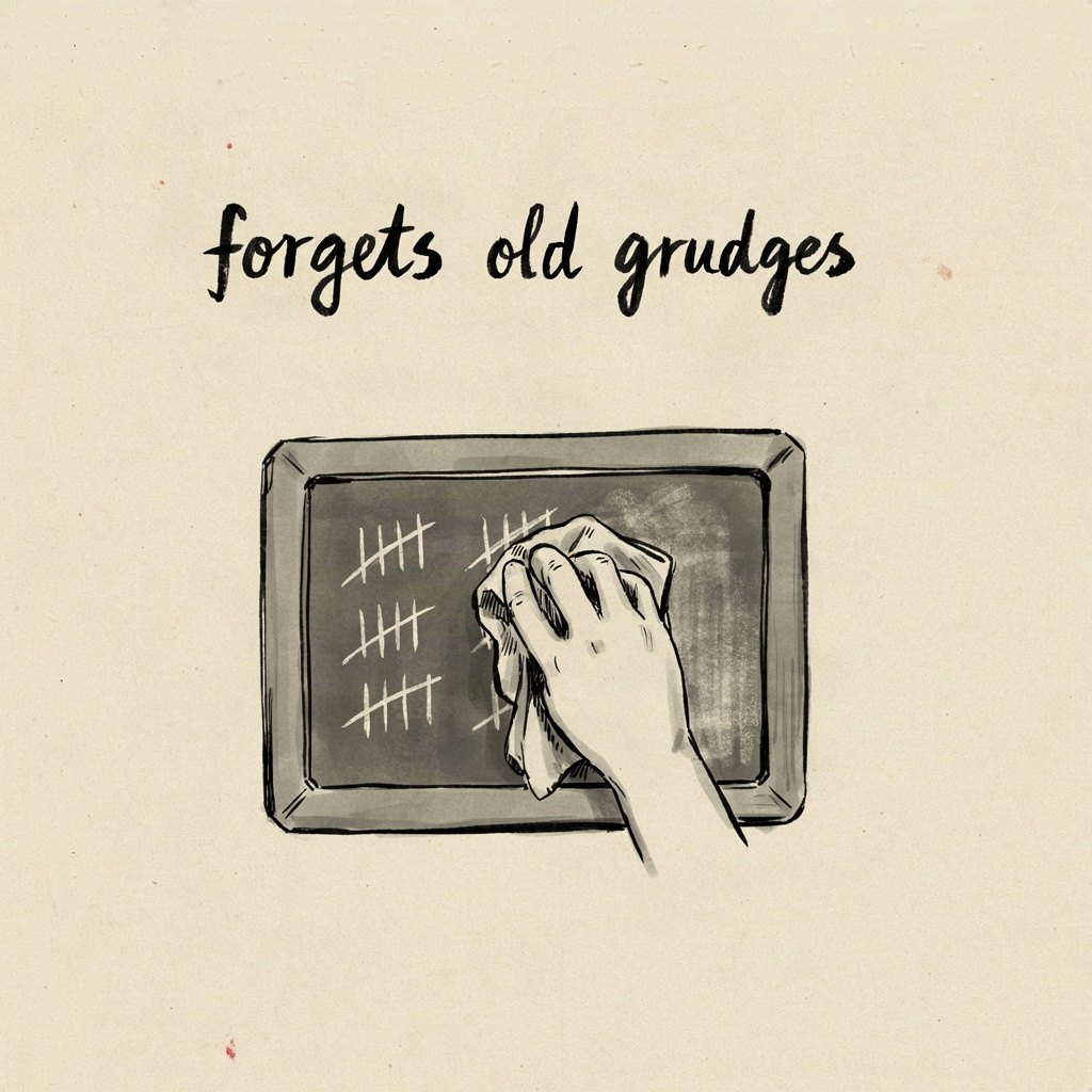 A small chalkboard slate is being wiped clean by a hand with a soft cloth, old scratched tally marks fading into dust while empty space opens up below, with the words “forgets old grudges” lettered by hand.