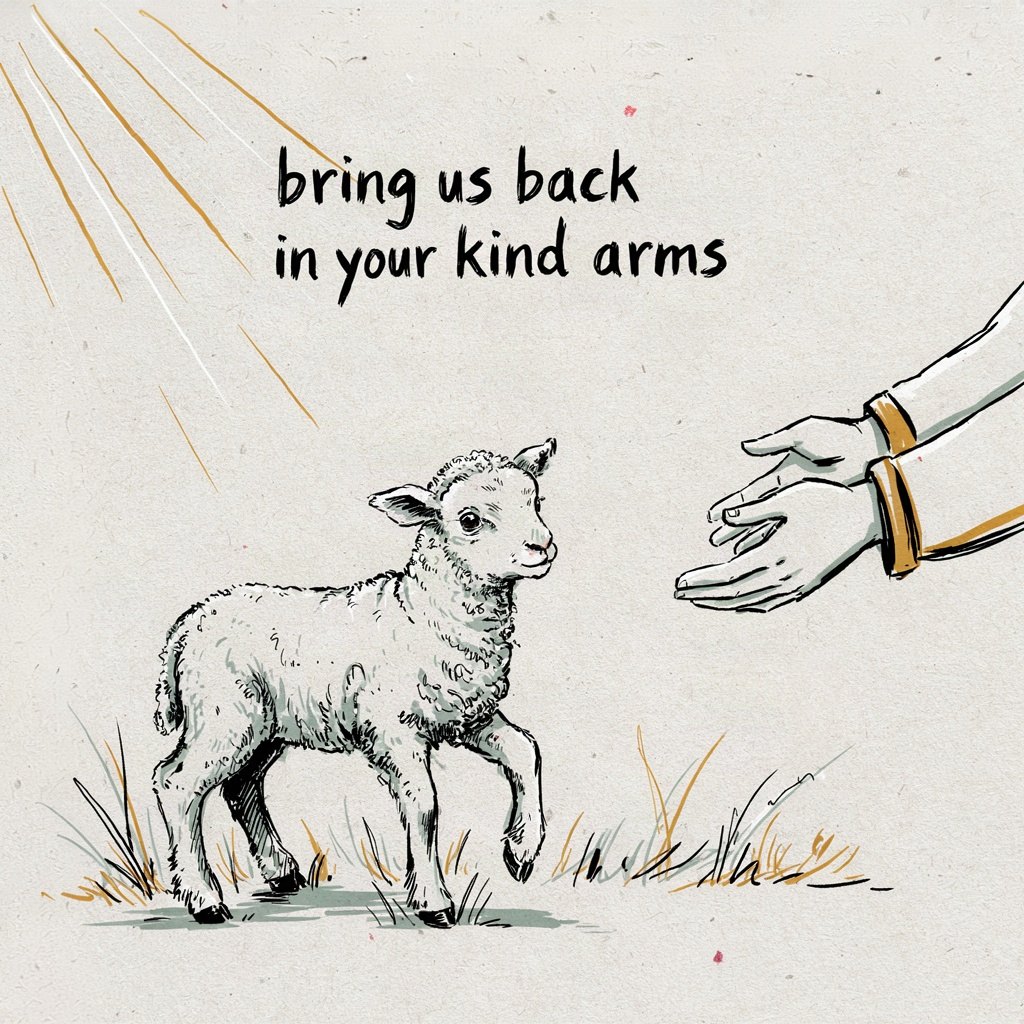 A single lost lamb standing in tall grass turns and finds a pair of large, gentle arms already open to carry it home, with the words “bring us back in your kind arms” lettered by hand.