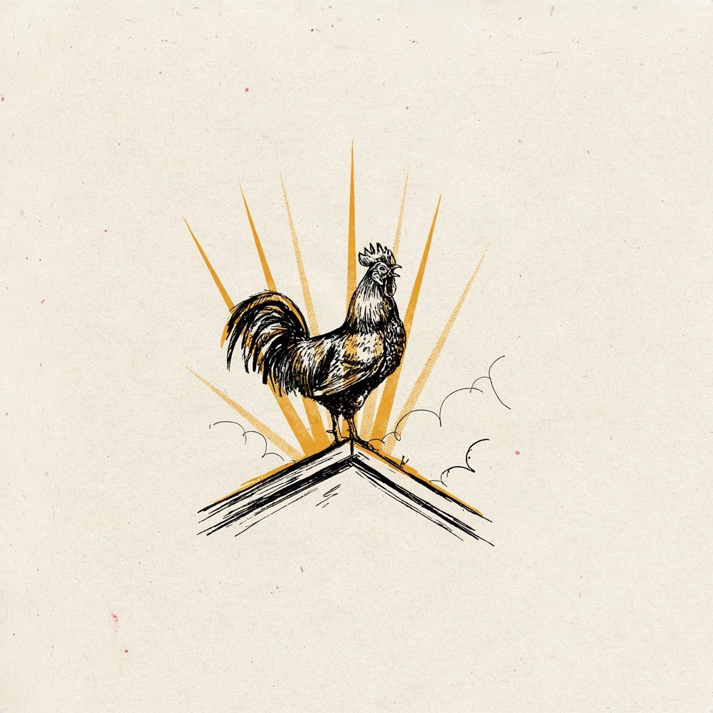 A rooster crowing atop a modest rooftop as the sun's first rays break over the horizon, celebrating safety through the night and a new morning of praise.
