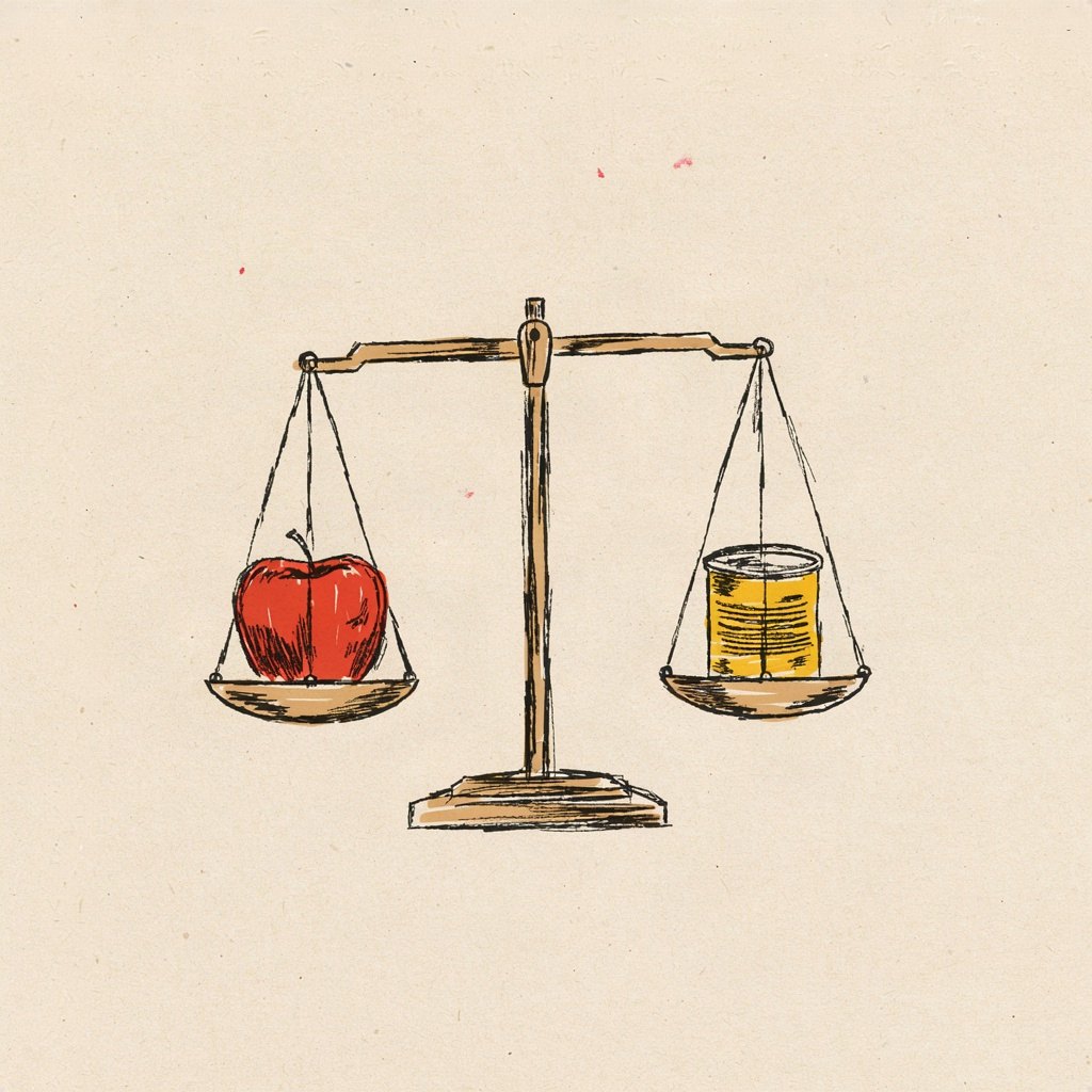 A small scale with two simple dishes balanced perfectly, one dish holding a single ripe apple (what's been given) and the other holding an empty cup waiting to be filled (what's still asked for), both sides level and steady.