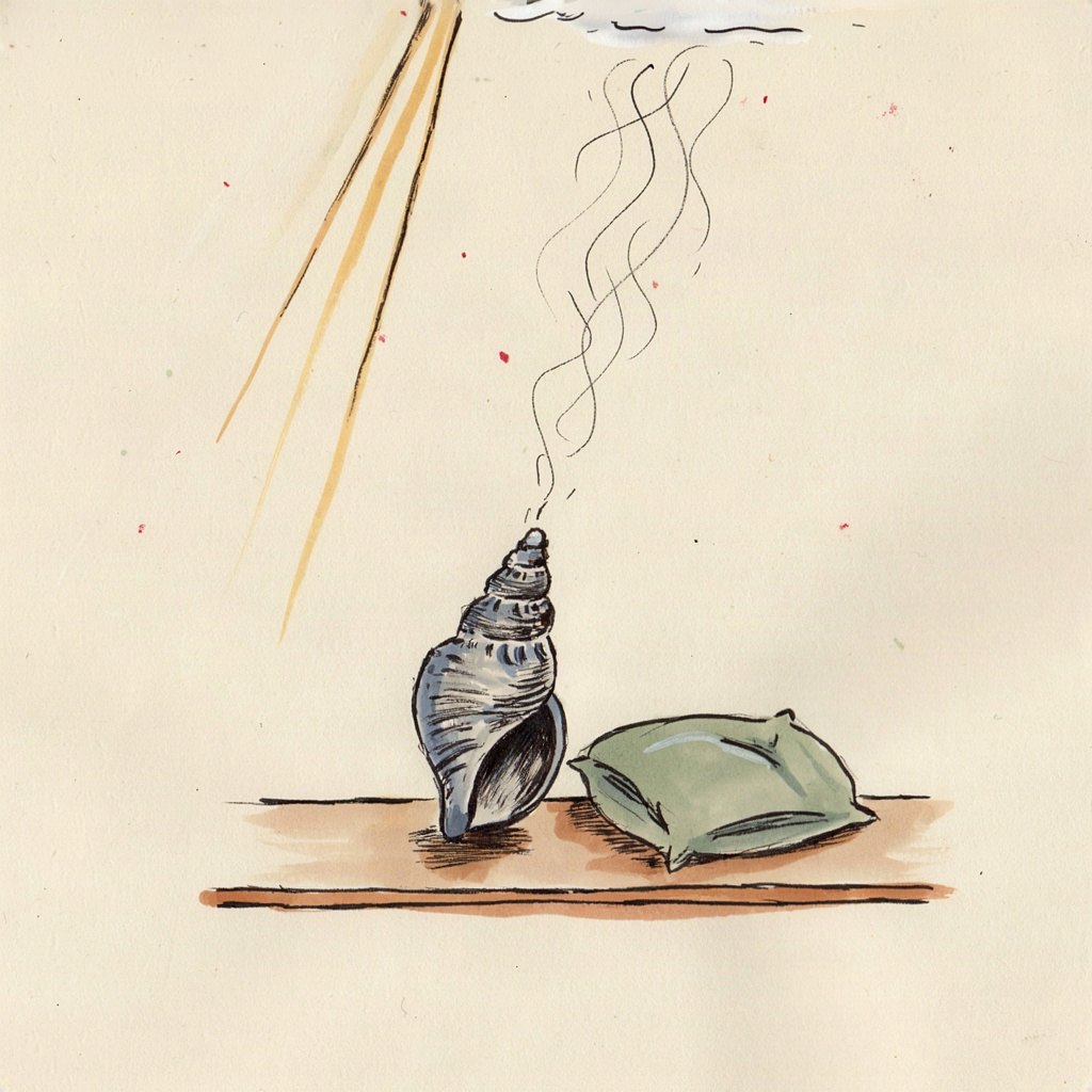 A single ear-shaped seashell sitting on a table beside a small sleeping figure's pillow, tilted toward the sky as if listening for something far off.