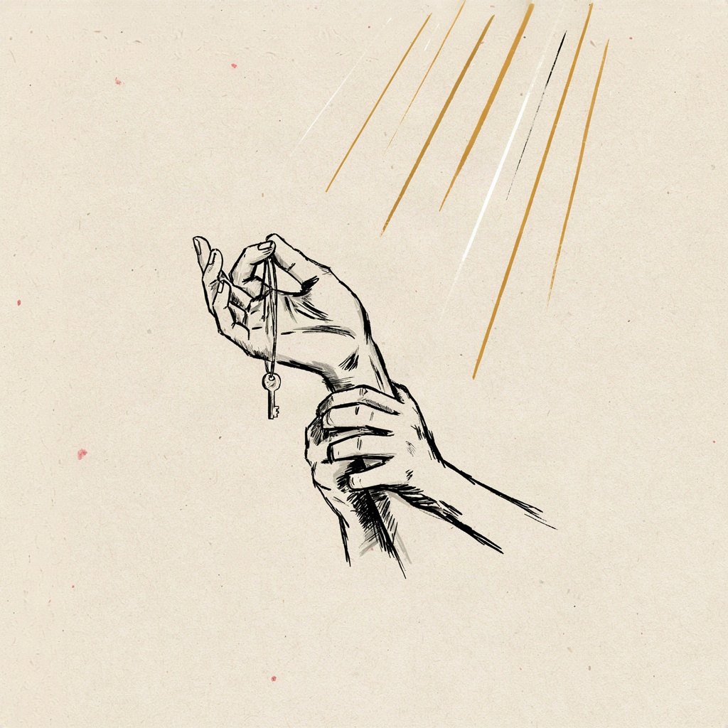 A small key on a plain cord is placed into an open hand that offers it upward, the hand itself held steady by a larger unseen hand from above, showing a life surrendered and kept safe in turn.