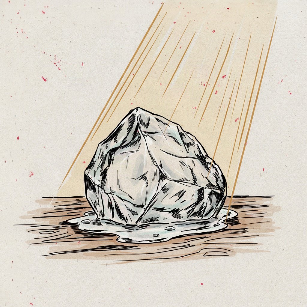 A block of ice sitting in a patch of sunlight, already softening into a small puddle, suggesting a cold heart beginning to melt and warm.