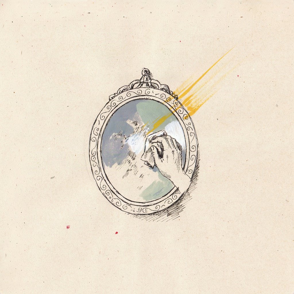 A dusty old mirror being wiped clean with a single cloth, the reflection growing clear and bright where the dust is swept away.