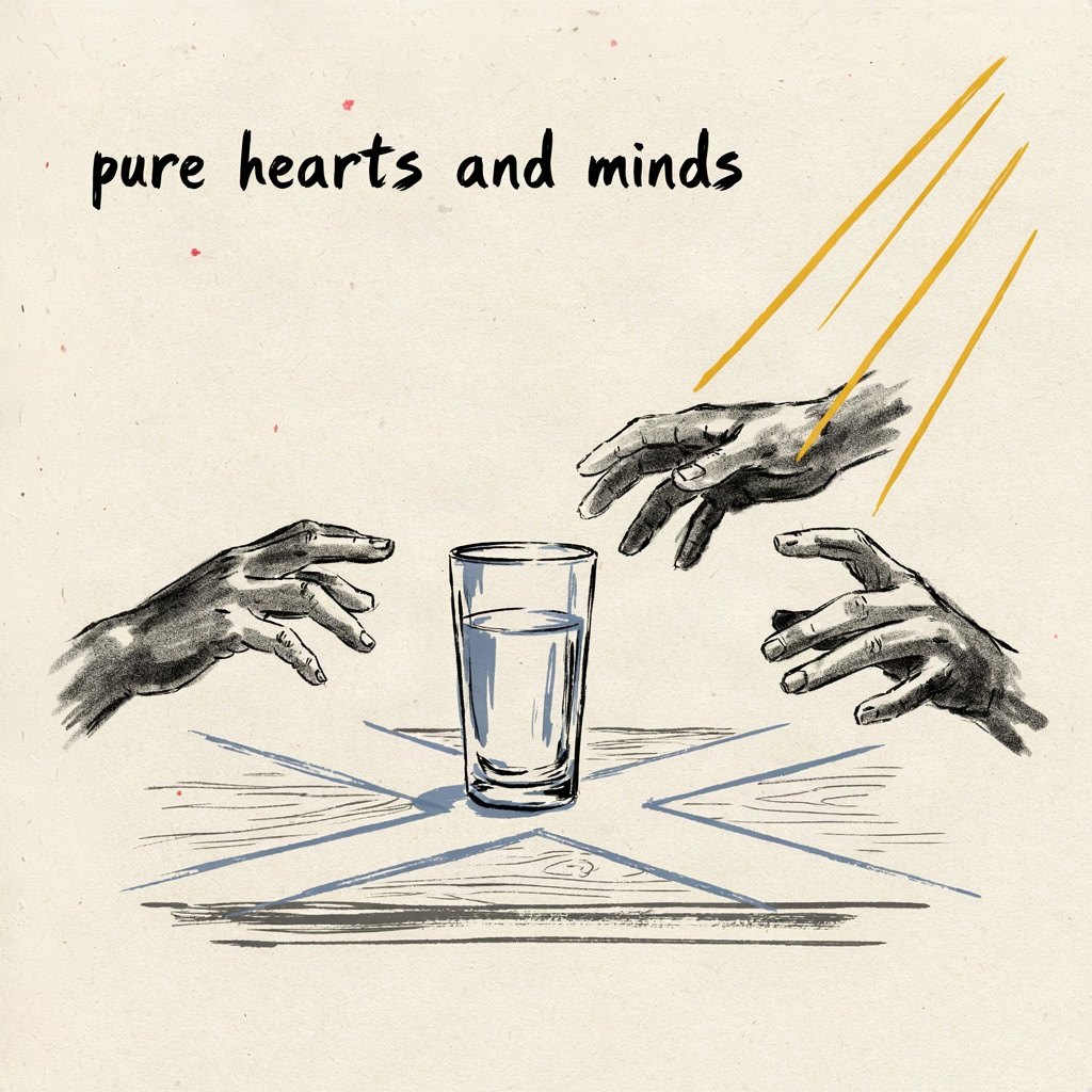 A clear glass of water sits on a table at a crossroads of painted lines on the wood grain, with three shadowy hands reaching from different sides trying to tip it, while the glass stays upright and unspilled, with the words “pure hearts and minds” lettered by hand.