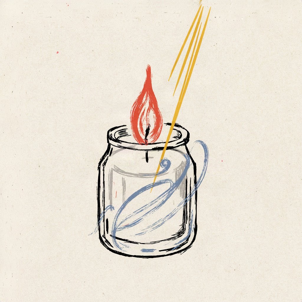 A single candle flame burning steady inside a glass jar while wind is drawn as swirling lines around the outside, unable to reach the flame.