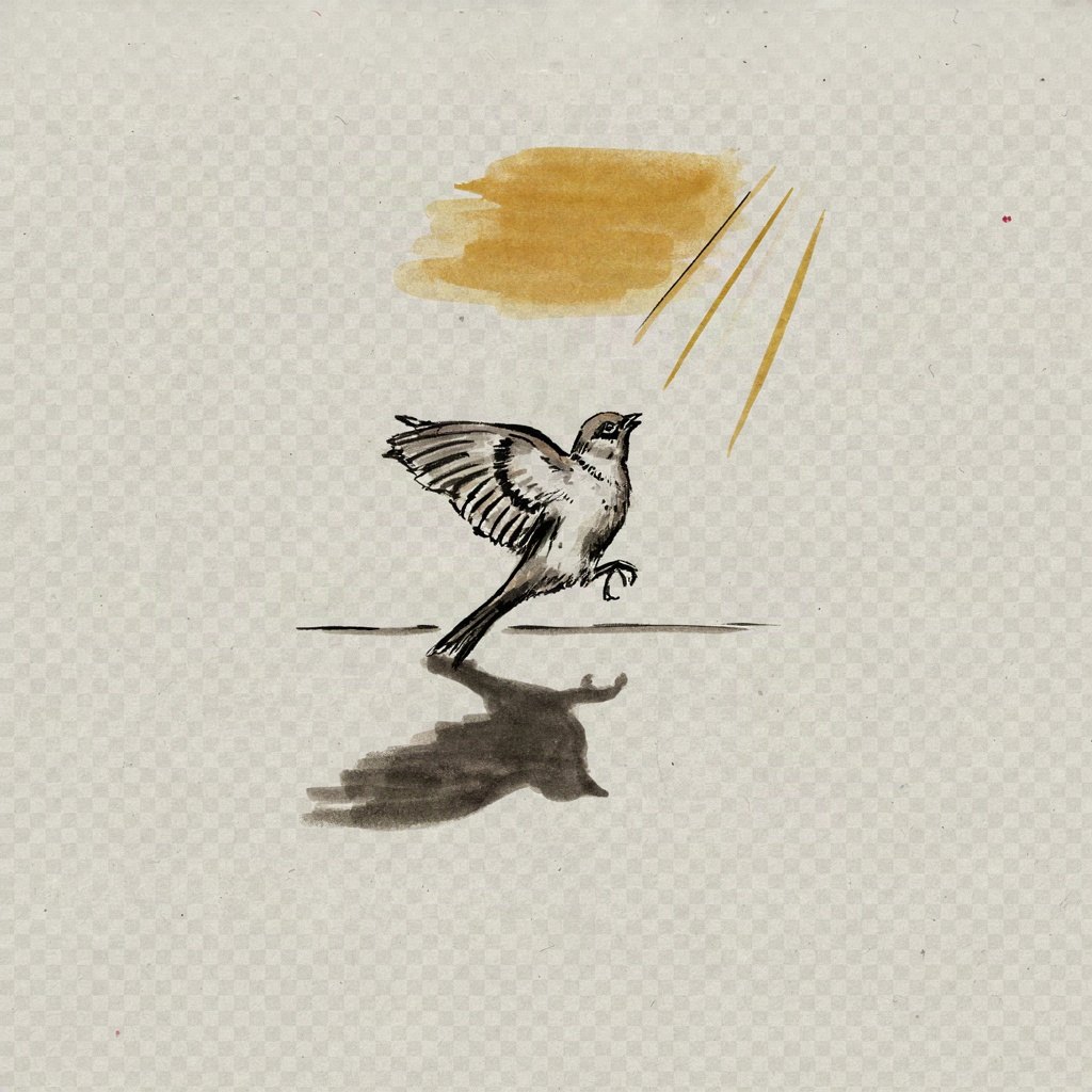 A small bird mid-flight straining upward toward a brighter patch of sky, one wing catching light while its shadow self trails heavy and dark beneath it on the ground.