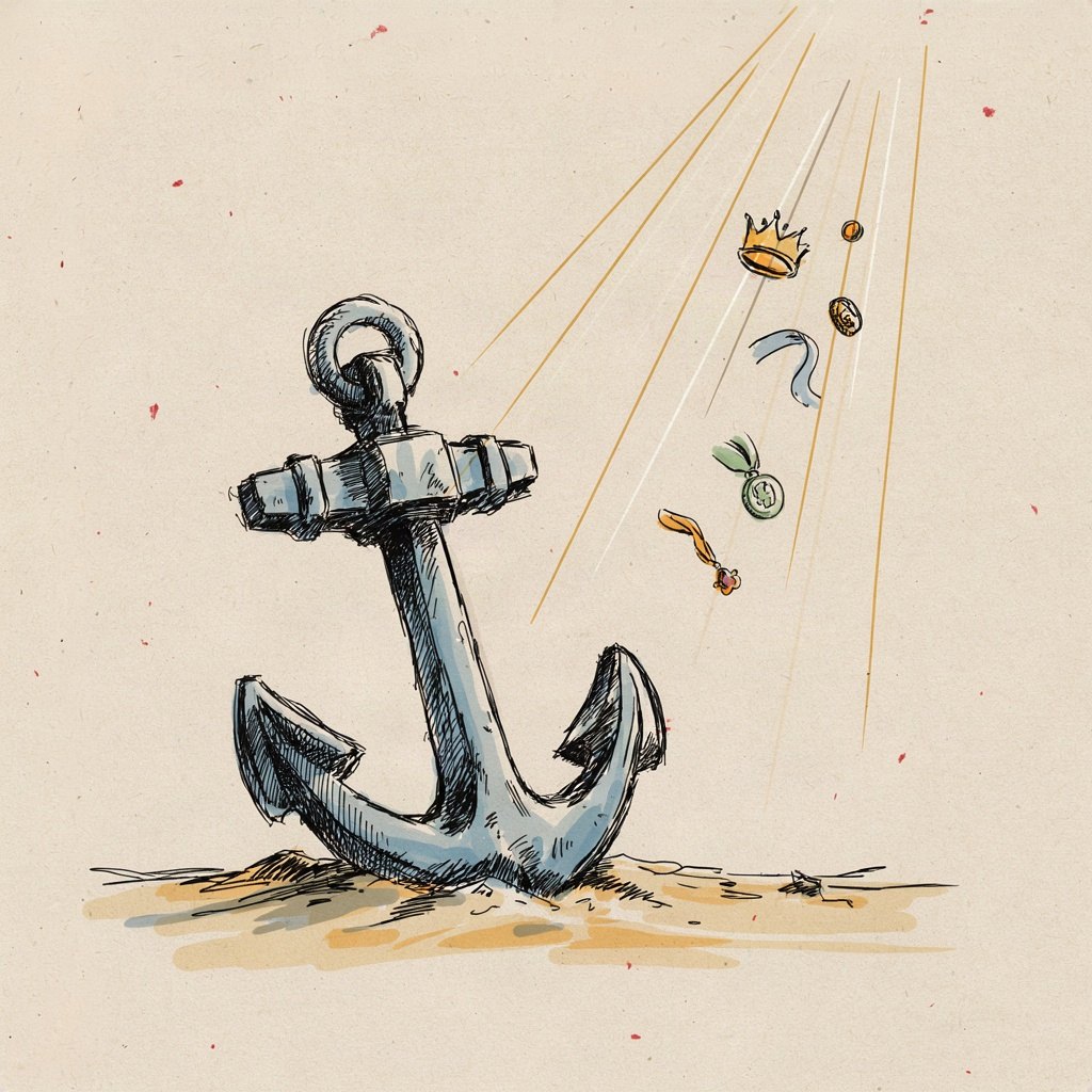 A small stone anchor rests heavy and still at the very bottom of a calm sea, while all sorts of glittering objects—crowns, coins, ribbons—float weightless far above near the surface.
