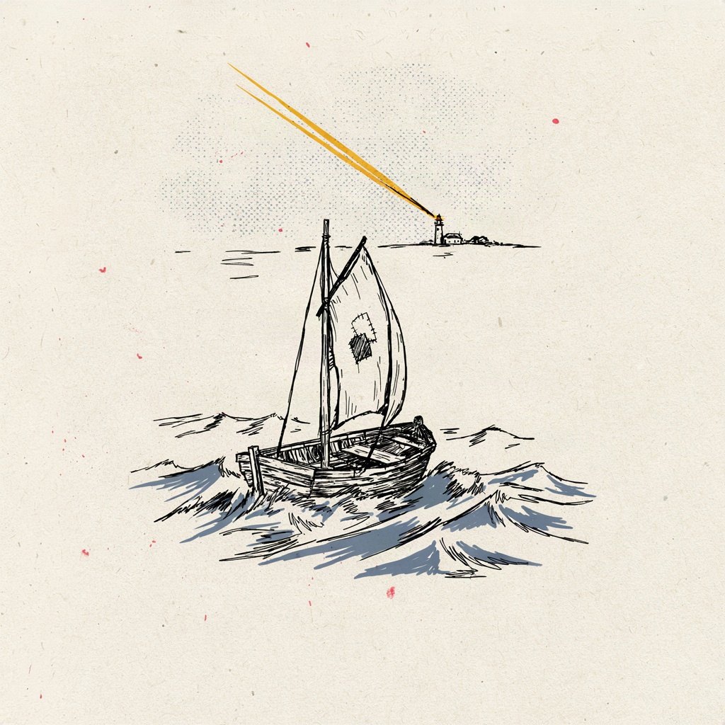 A small boat with a patched sail steadily crossing choppy water toward a lighthouse beam in the distance.