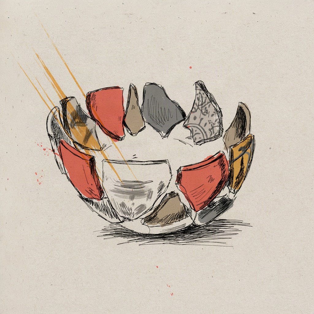 Many small scattered pieces of broken pottery from different cups and bowls being gathered together and reassembled into one large, whole vessel.