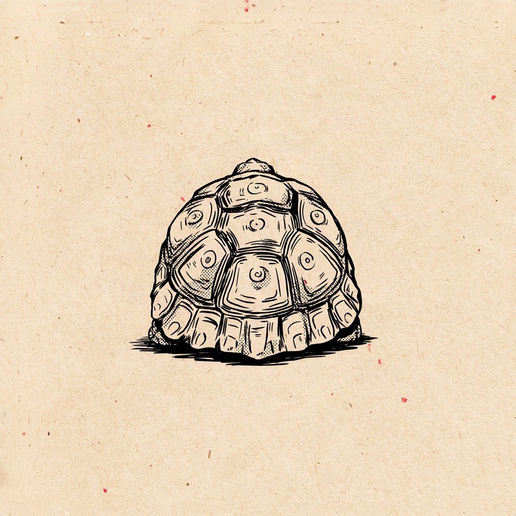 A small tortoise tucked completely inside its shell, which is drawn as a round riveted shield, snug and unbothered by the open ground around it.