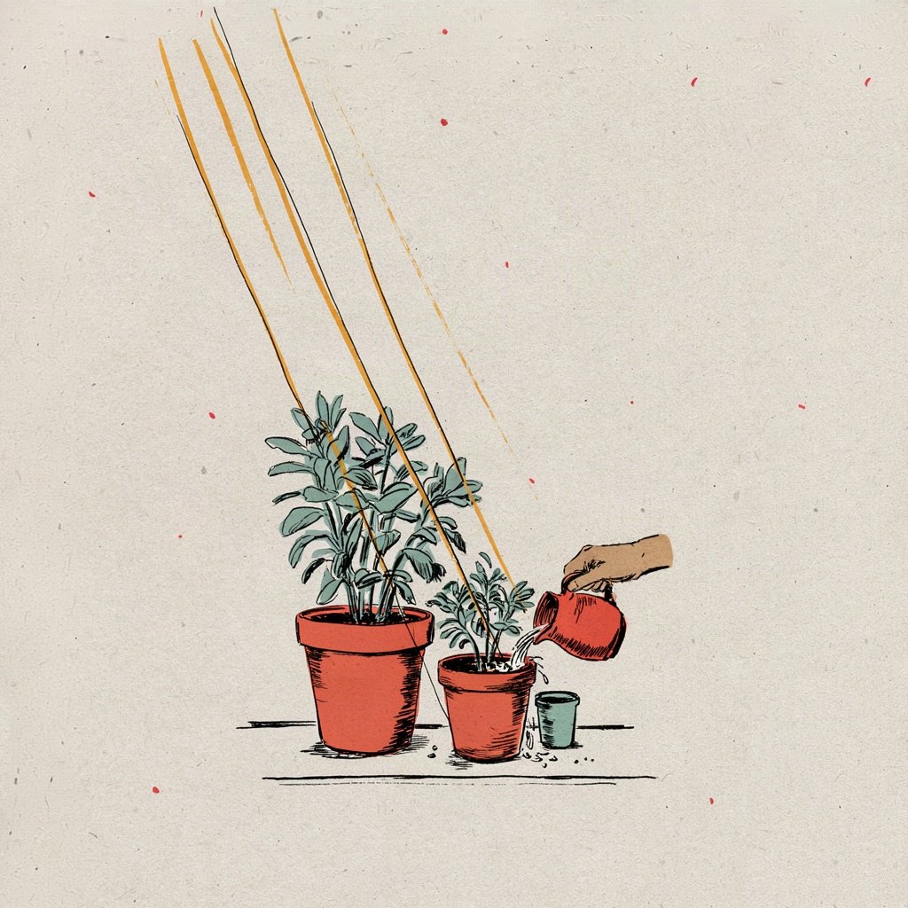 Two identical small plants on a windowsill, one being watered by an unseen hand from above so generously that it doubles over and spills into its neighbour's pot, showing kindness given back twice over.