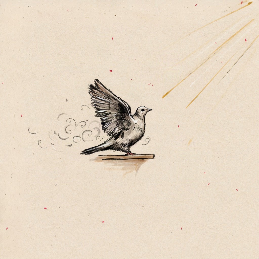 A small dove sits with its wings half-open, not flying away, while a soft swirl of wind around it is actually made of tiny unspoken words, suggesting restlessness itself becoming prayer.