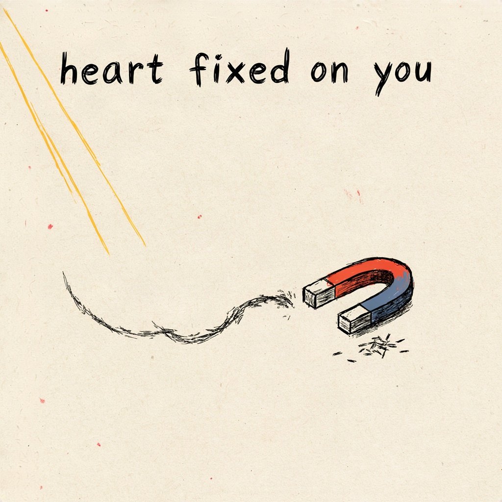 A small magnet on a table pulling a scatter of loose iron filings into one steady line, showing a heart being drawn into fixed alignment, with the words “heart fixed on you” lettered by hand.