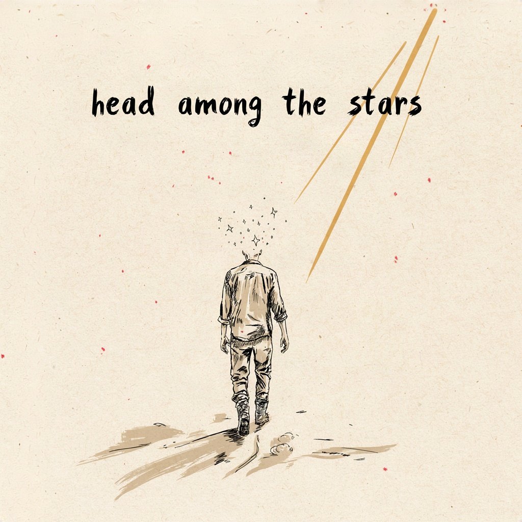 A pair of dusty boots walking a plain dirt road while the figure's head is drawn up among a small cluster of stars, feet and sky both present at once, with the words “head among the stars” lettered by hand.