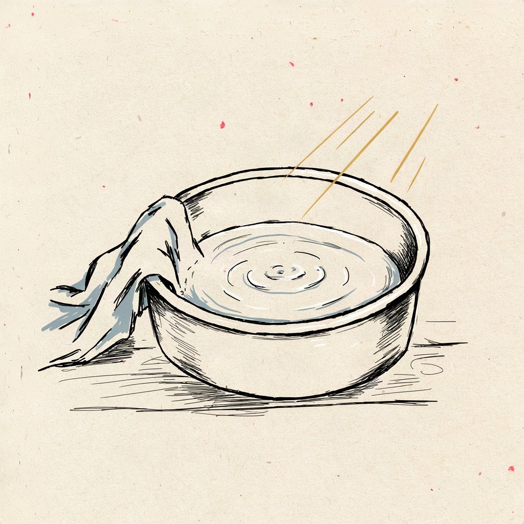 A simple washing bowl with a cloth draped over its edge, clean water still rippling from a hand just lifted out of it.
