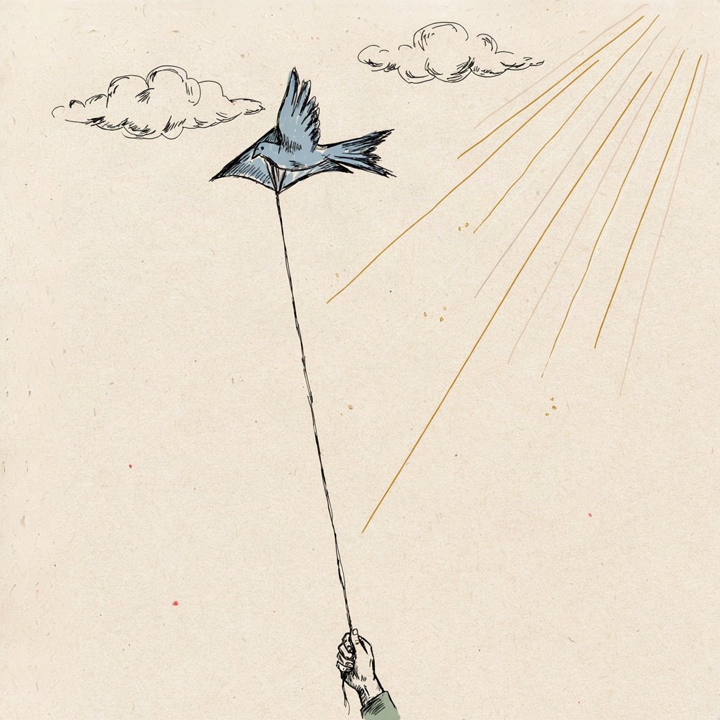 A kite shaped like a dove rises on a long string from a child's hand on the ground, straining upward into the high sky while the string stays firmly tied below, showing the spirit lifted up even as it stays connected to the earth.