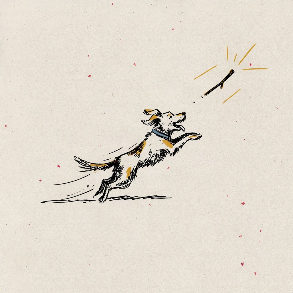 A young dog bounds after a thrown stick not because it must, but with its whole body wagging in delight, showing obedience that is pure joy rather than duty.