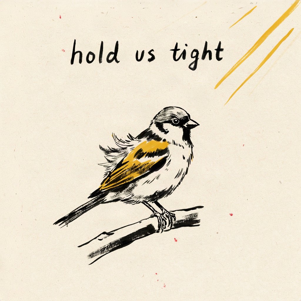 A small bird gripping tight to a thick branch in a gust of wind, anchored and unshaken, with the words “hold us tight” lettered by hand.