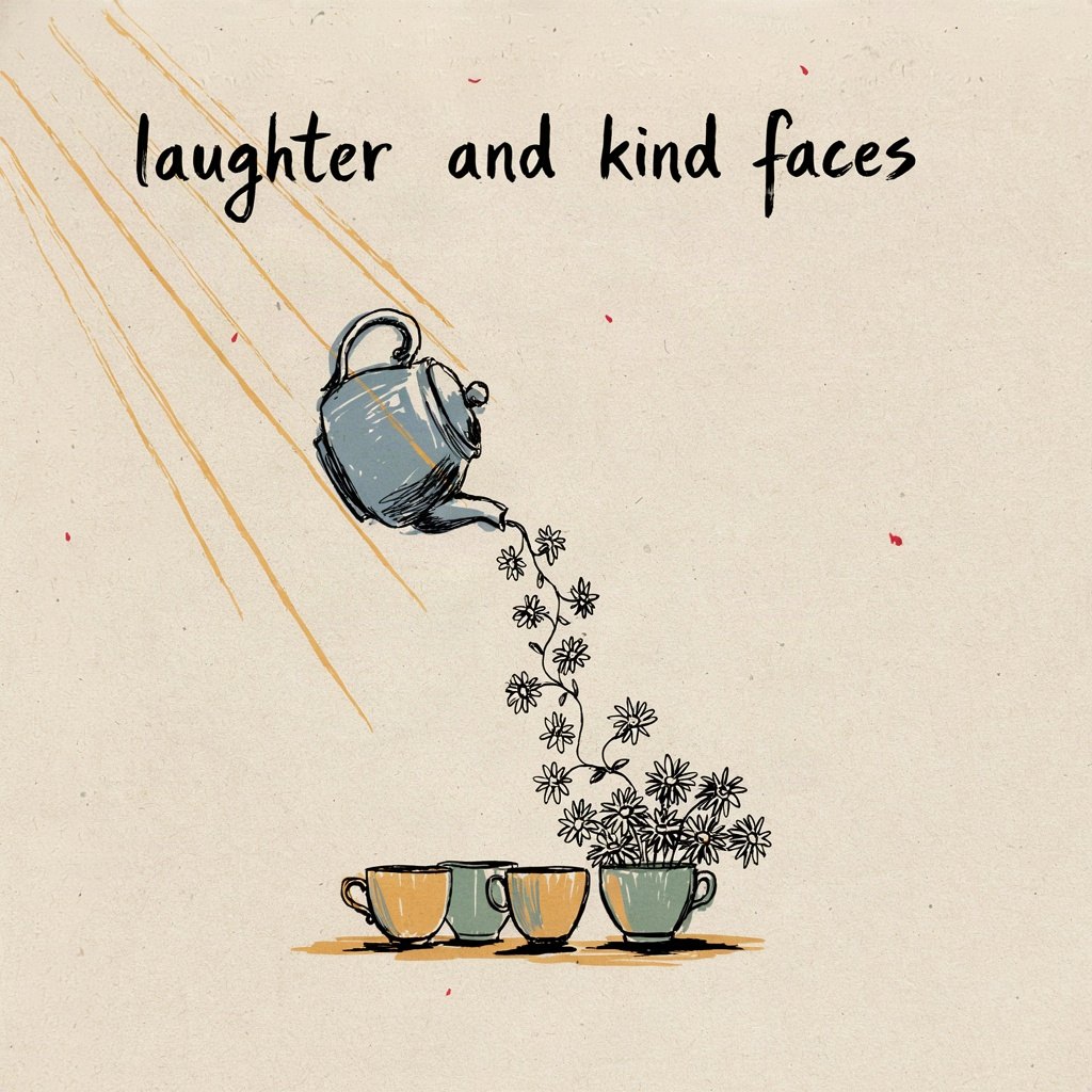 A teapot pouring not tea but a string of small sunny daisies into a row of plain waiting cups, turning the same old morning chore bright, with the words “laughter and kind faces” lettered by hand.